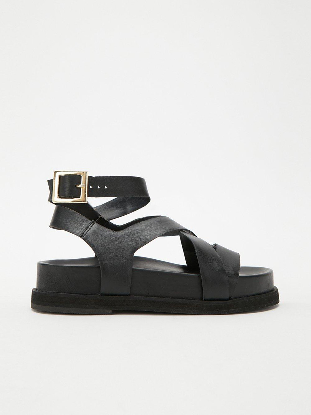 DOROTHY PERKINS Women Black Leather Multi Straps Open Toe Flats