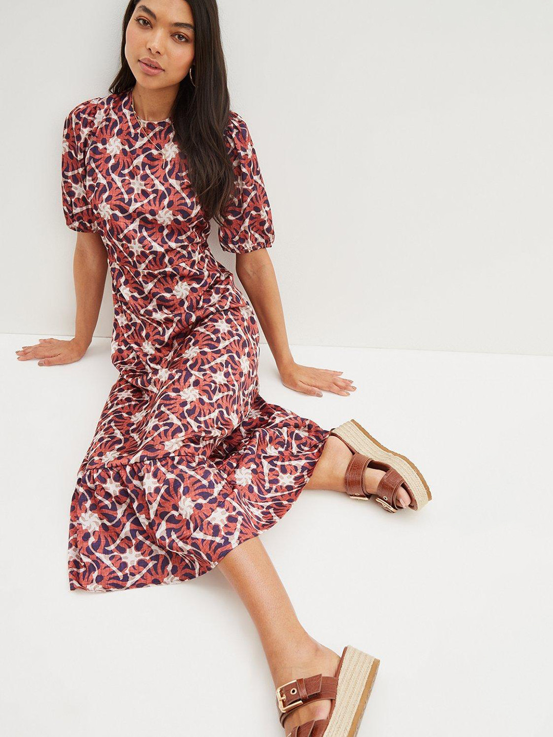 DOROTHY PERKINS Rust & Navy Blue Abstract Print Satin A-Line Midi Dress