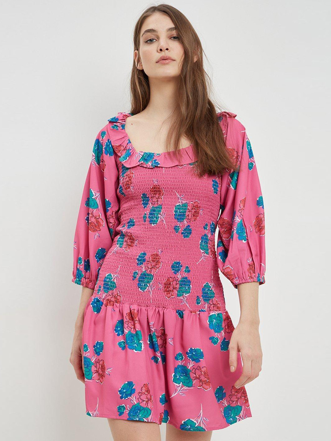 DOROTHY PERKINS Pink & Blue Floral Printed Smocked Ruffle A-Line Mini Dress