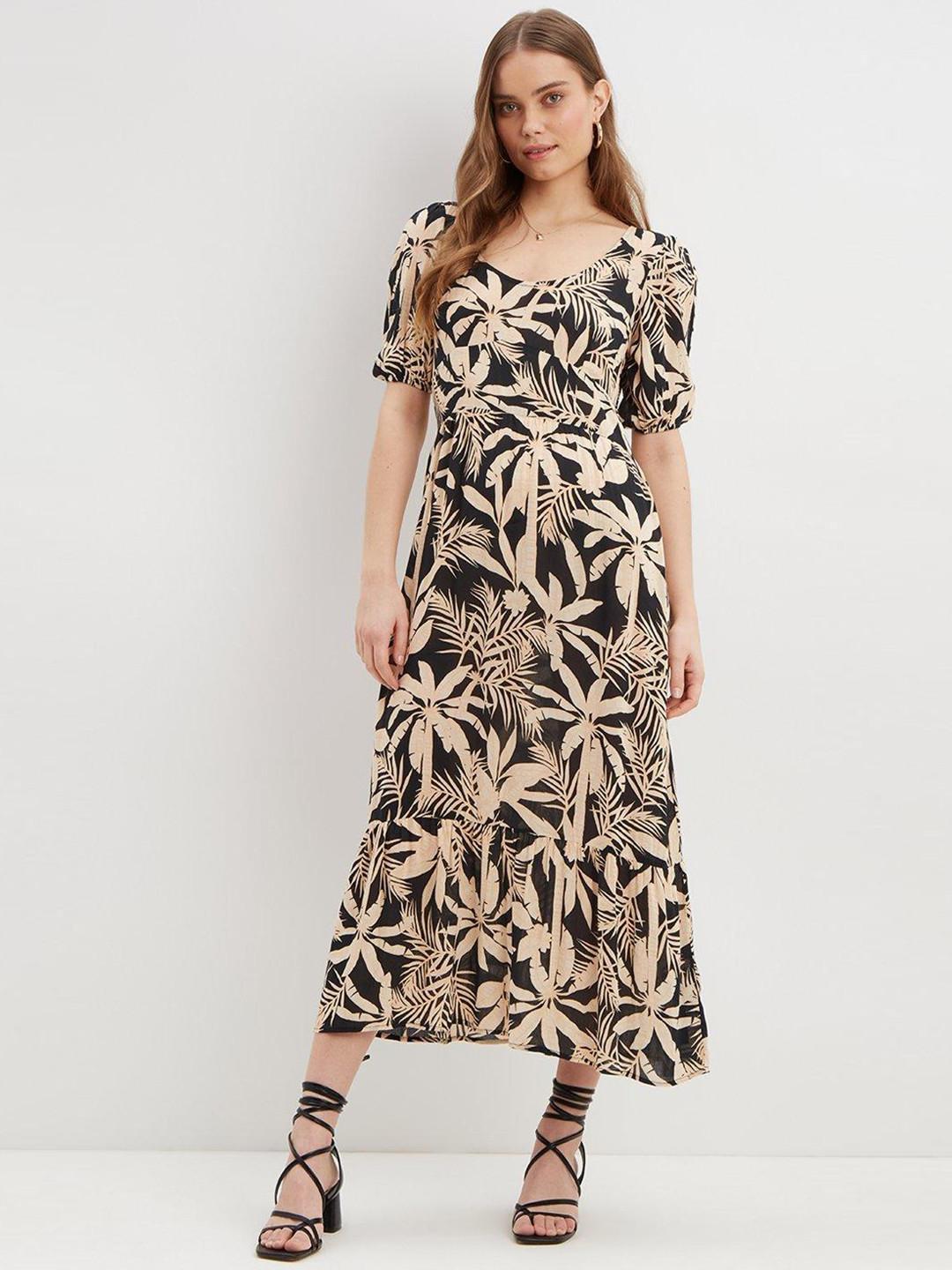 DOROTHY PERKINS Black & Beige Tropical A-Line Midi Dress