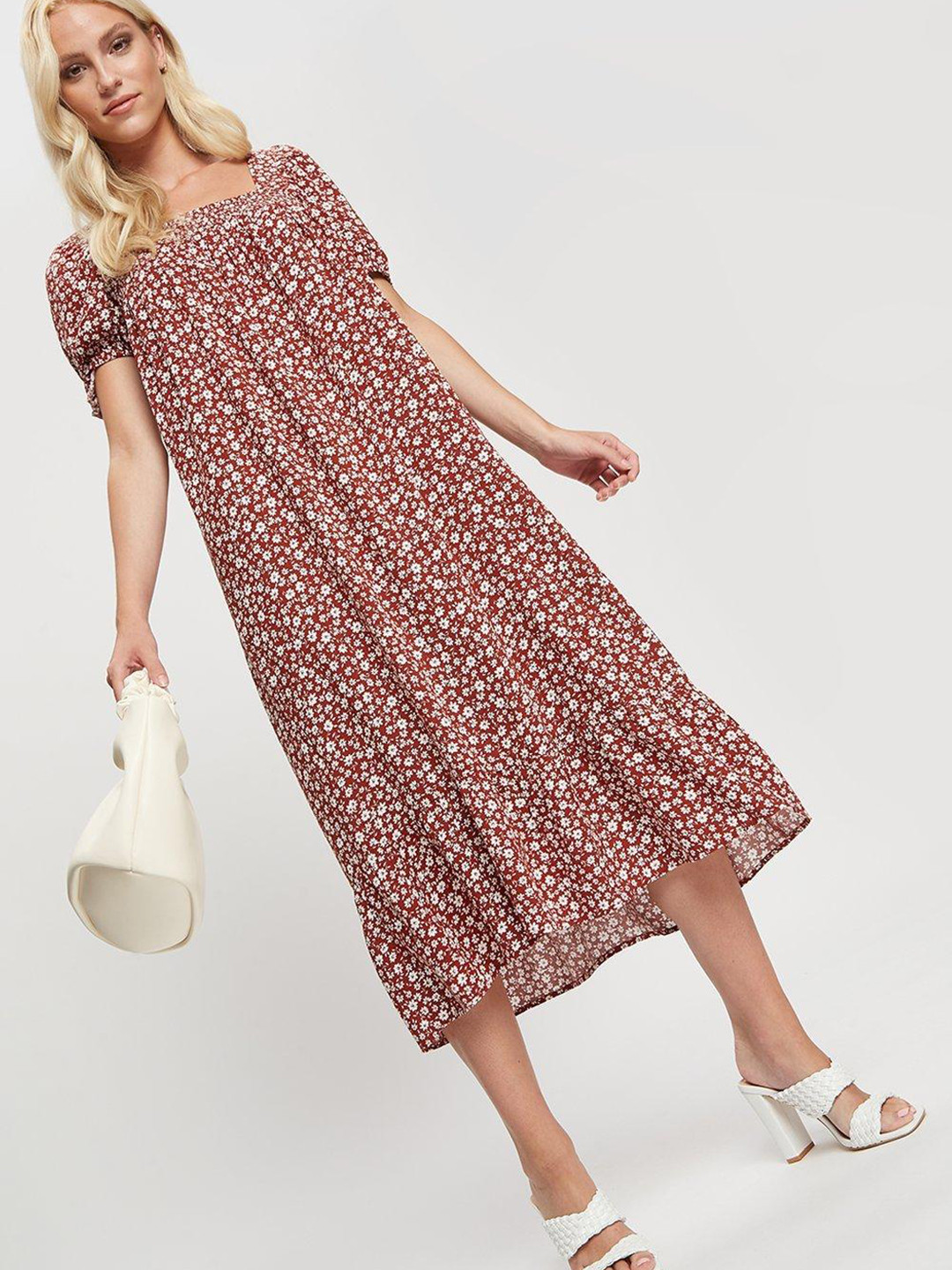 DOROTHY PERKINS Rust Brown & White Floral Ditsy Print A-Line Midi Dress