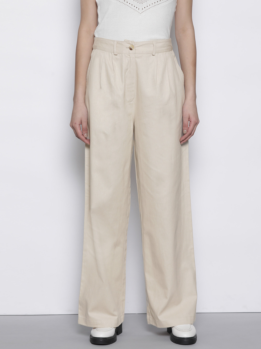 DOROTHY PERKINS Women Pure Cotton Wide Leg Pleated Chinos