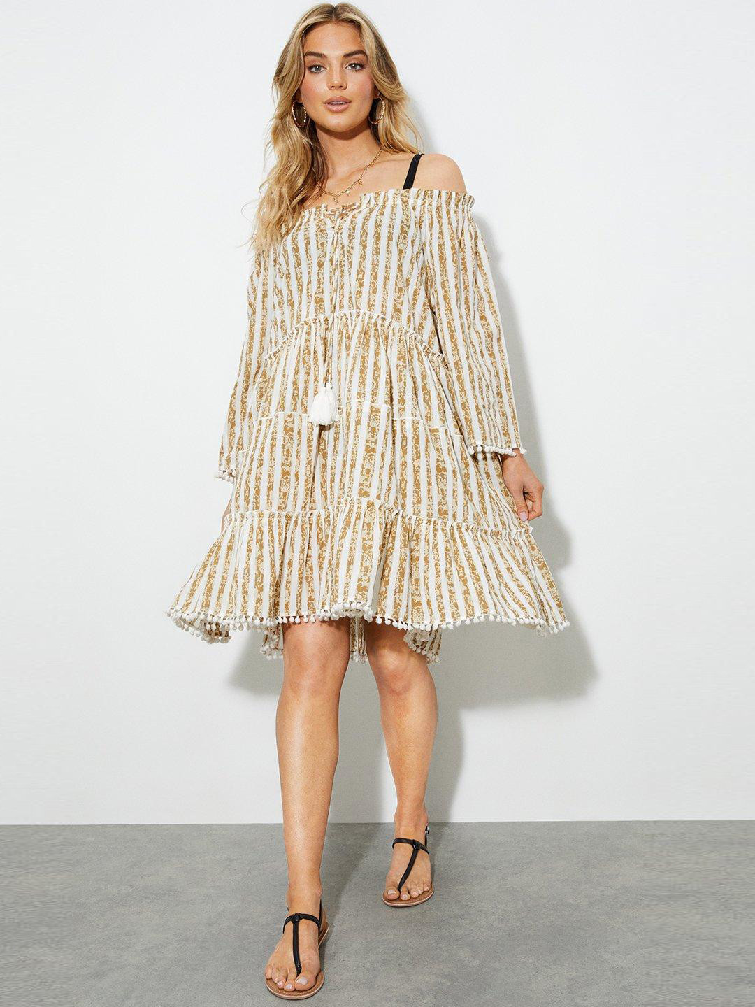 DOROTHY PERKINS Beige & White Pure Cotton Striped Bardot Tiered Mini Dress