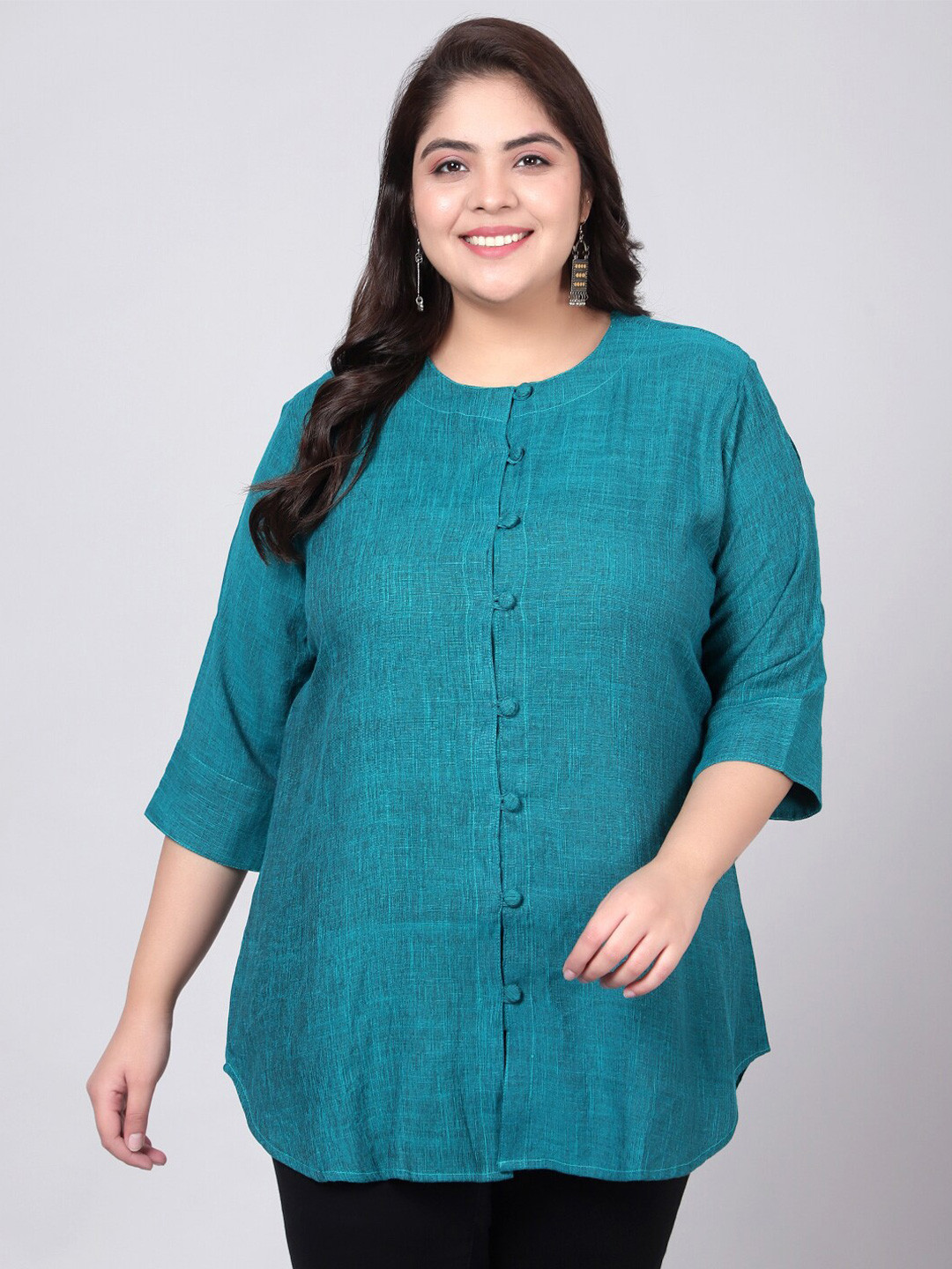 Indietoga Plus Size Green Solid Linen Tunic