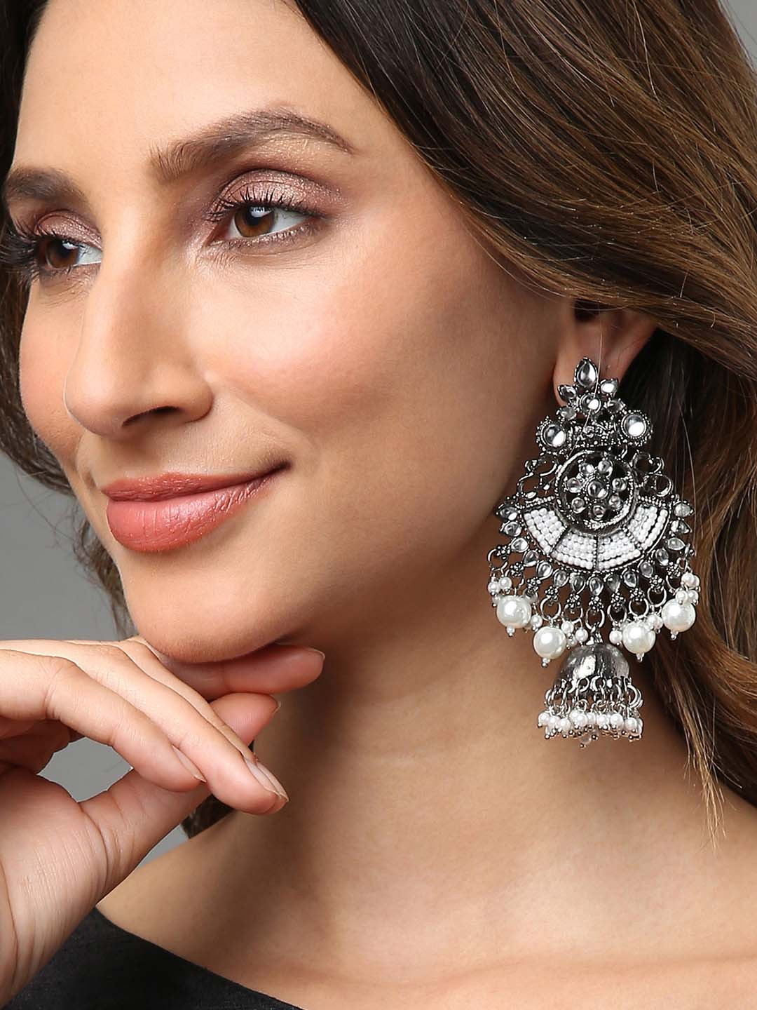 SOHI Silver Oxidised Contemporary Jhumkas Earrings