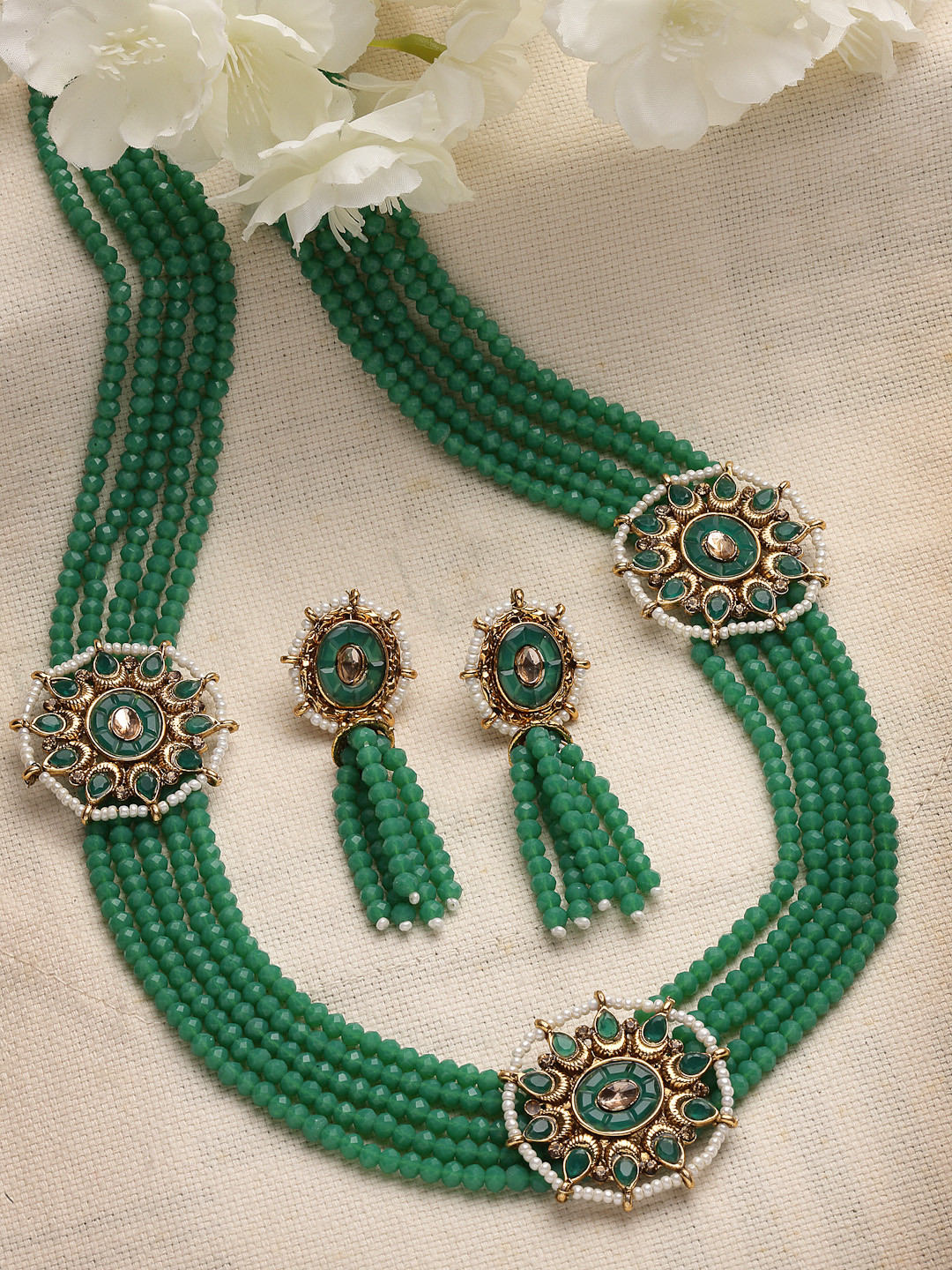 PANASH Women Gold-Plated Green Stone & Beads-Studded Jewellery Set