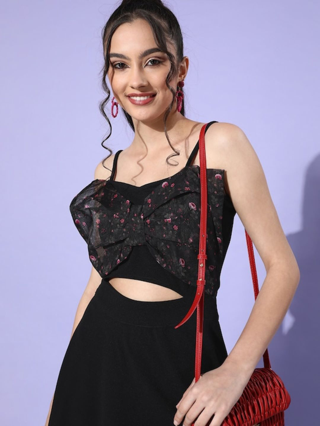 Sera Black Bow Detailed Self Design Fit & Flare Dress