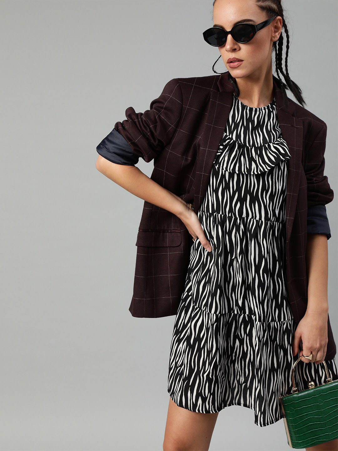 Sera Black & White Animal Printed Ruffled A-Line Dress