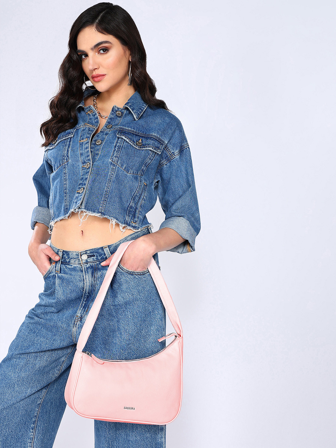 Sassora Pink Leather Structured Shoulder Bag