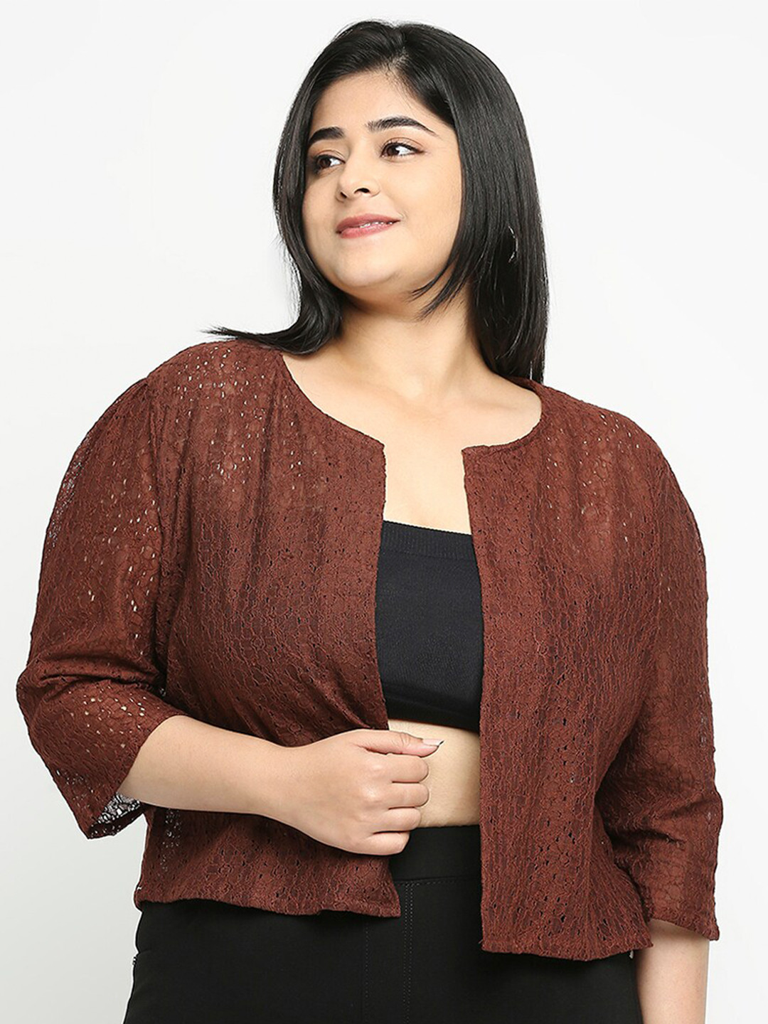 Style Quotient Women Plus Size Maroon Self Design Floral Lace Open Front Shrug