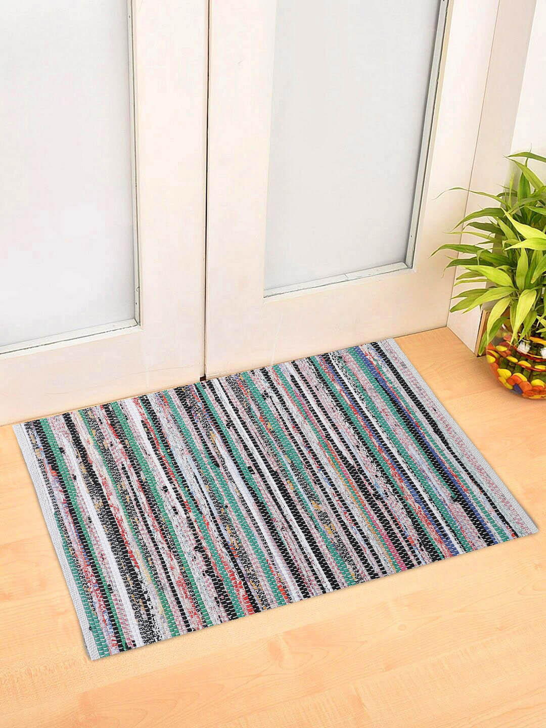 Oxolloxo Green & Grey Striped Woven Design Rectangle Floor Mats & Dhurries