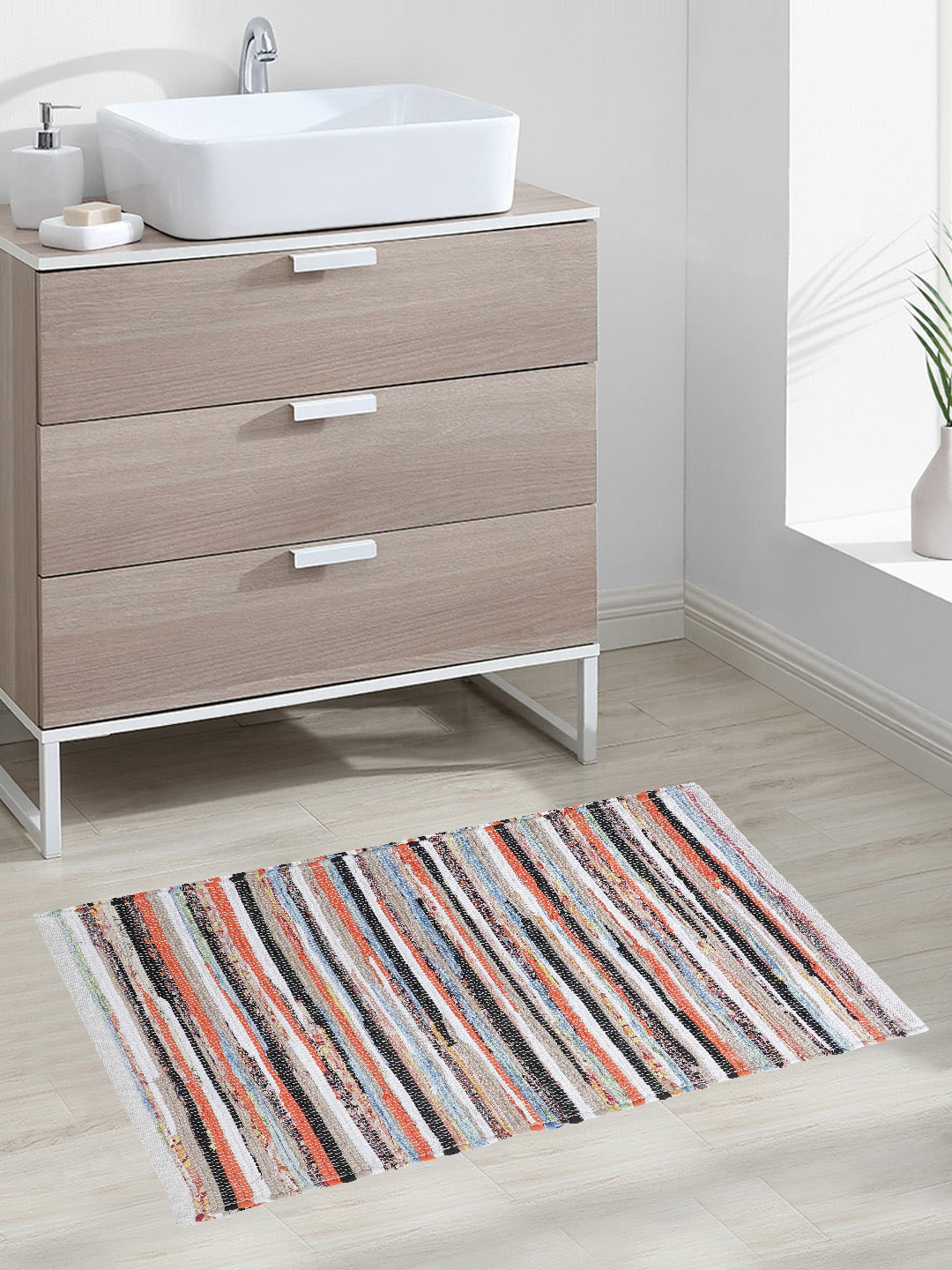 Oxolloxo Orange & White Striped Woven Design Rectangle Floor Mats & Dhurries