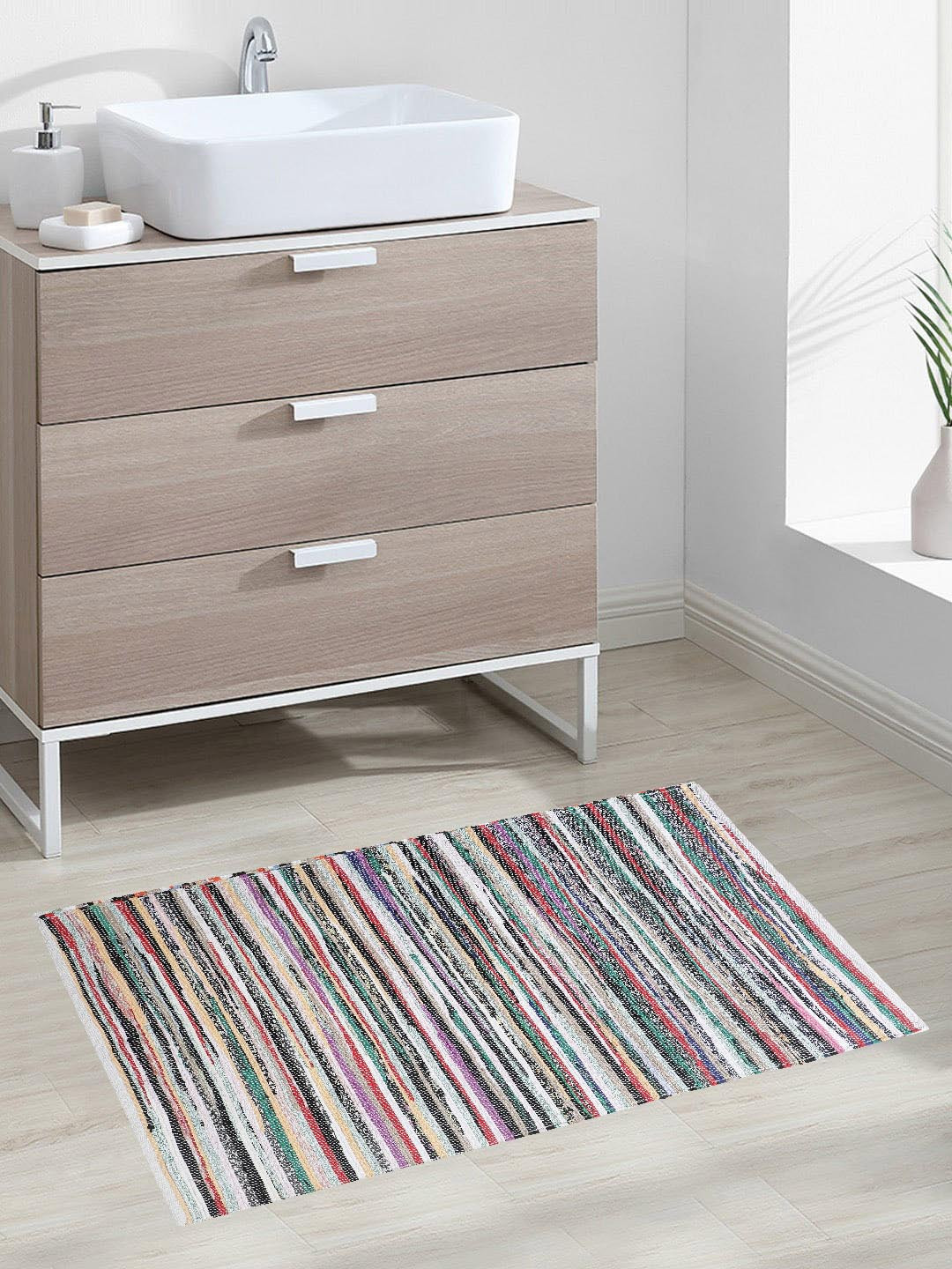 Oxolloxo Beige & Black Striped Woven Design Rectangle Floor Mats & Dhurries