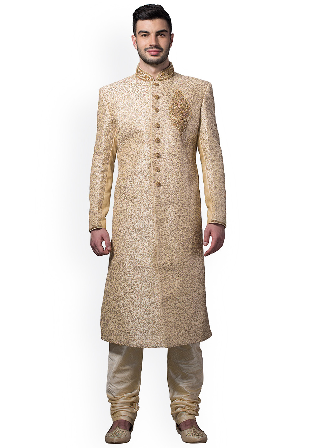 Manyavar Cream Embroidered Silk Sherwani