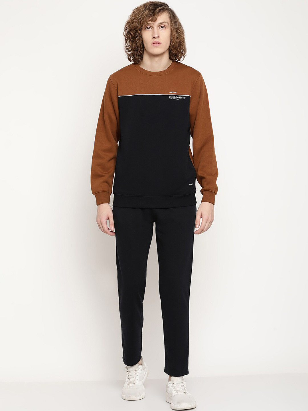 Octave Men Brown & Black Colorblocked Fleece Tracksuits