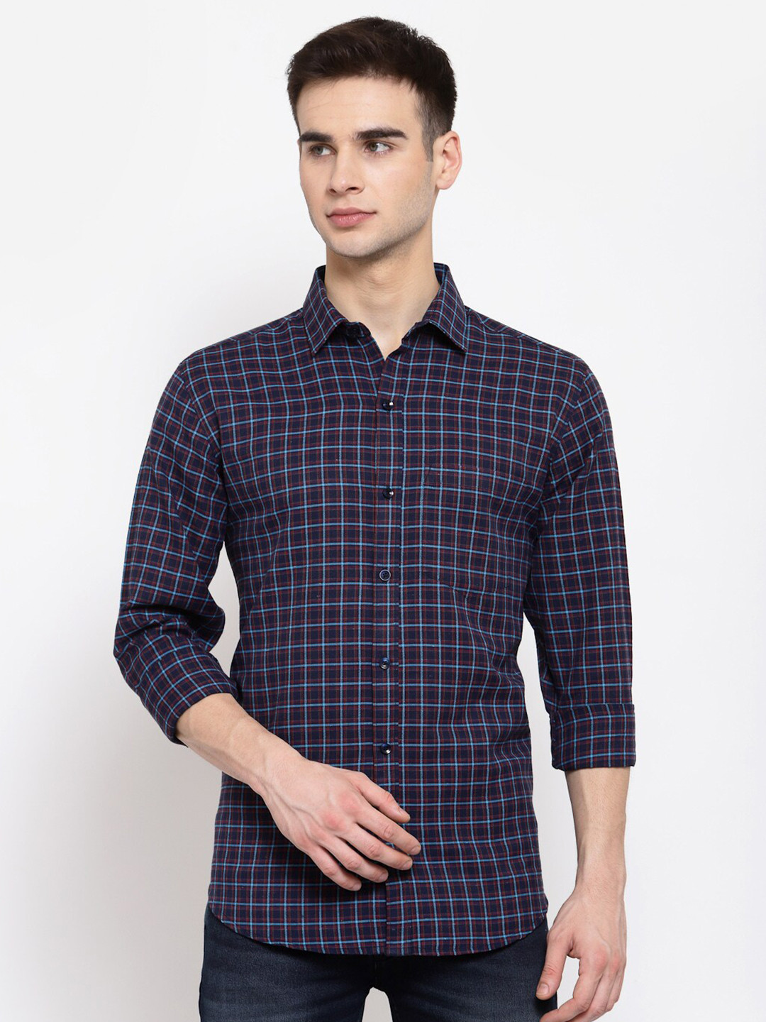 D Kumar Men Navy Blue Standard Grid Tattersall Checks Cotton Casual Shirt