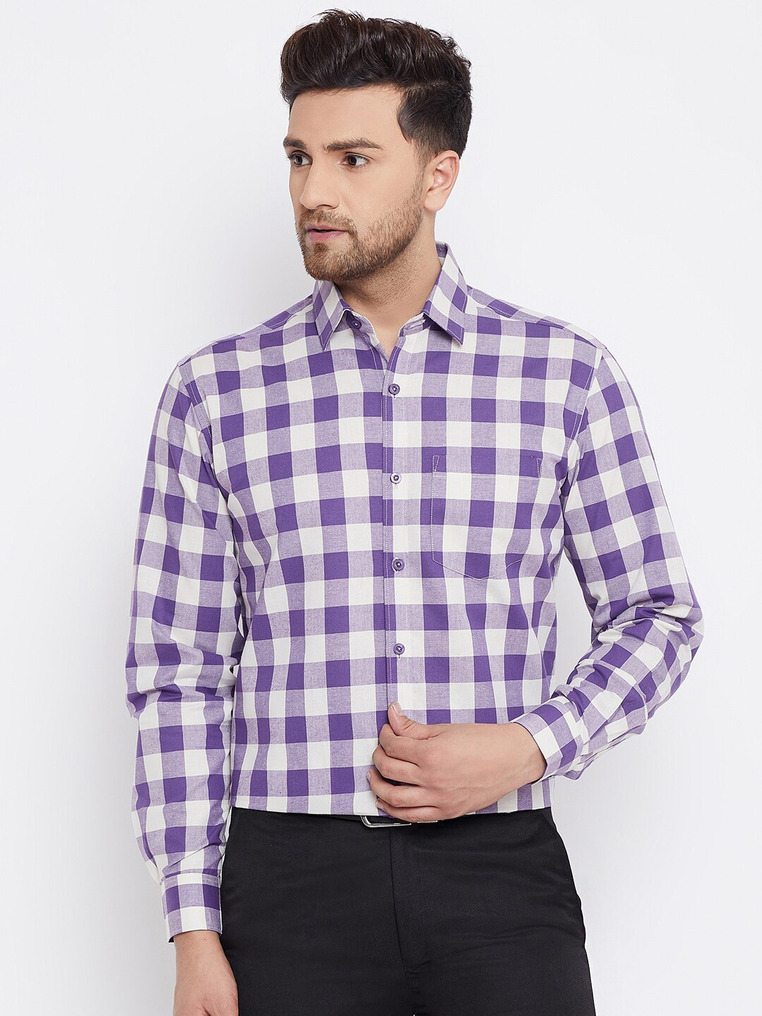 D Kumar Men Purple Standard Gingham Checks Cotton Formal Shirt