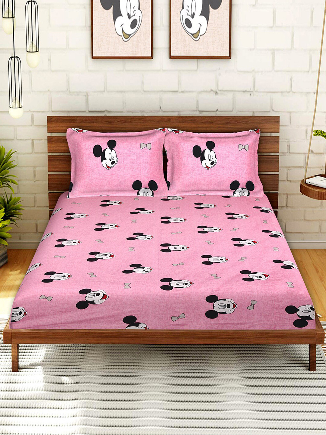 Kuber Industries Pink Cartoon Characters Cotton Breathable 144 TC King Bedsheet with 2 Pillow Covers-100 x 90 inches
