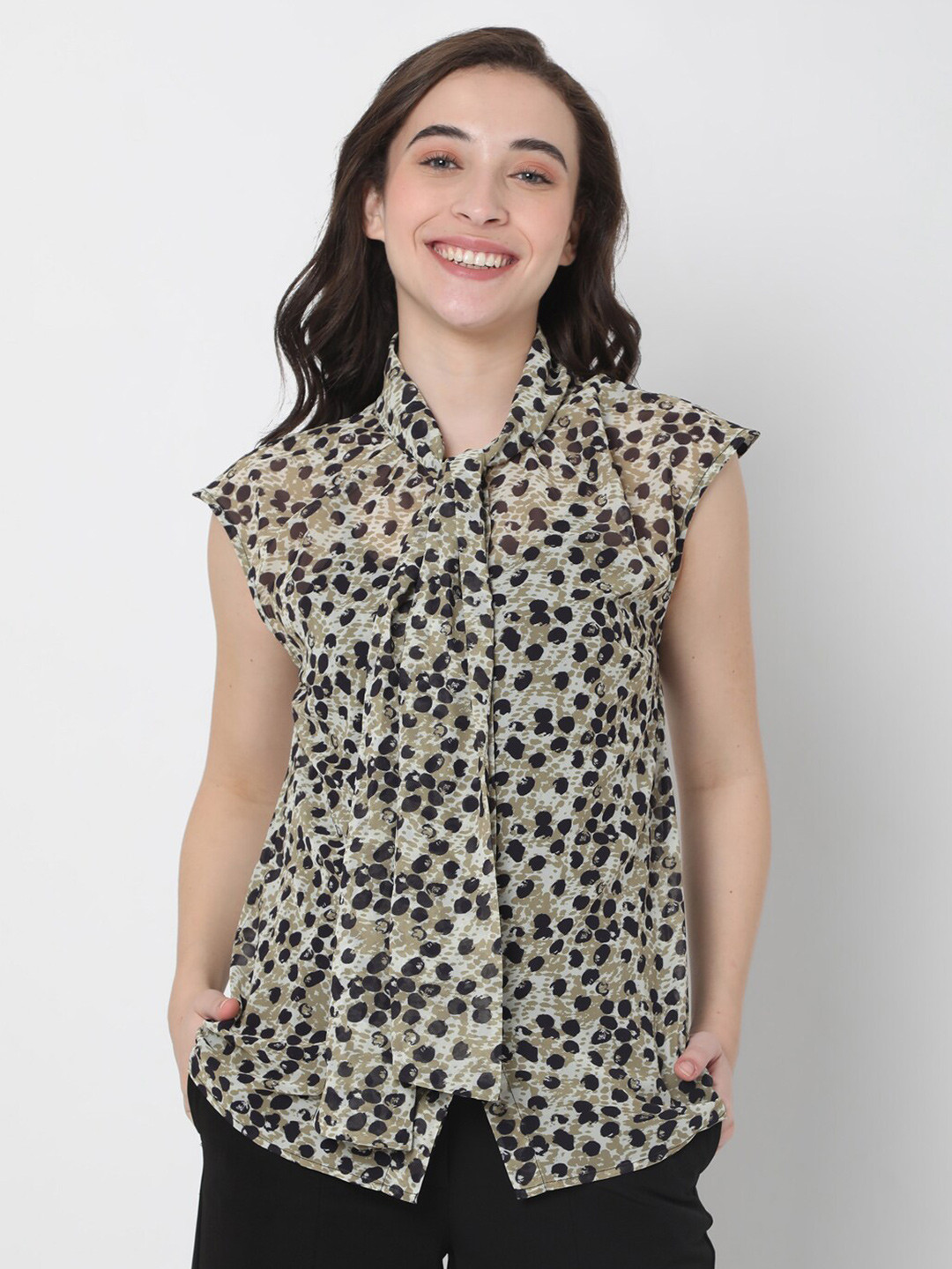 Vero Moda Black & Grey Animal Print Tie-Up Neck Top