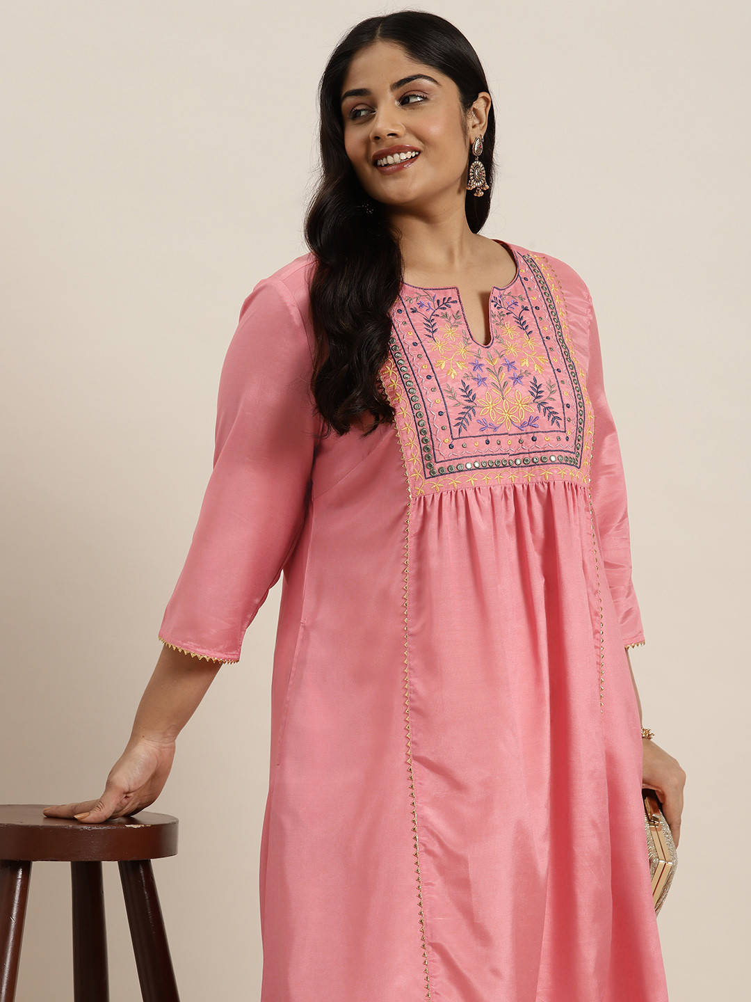 Sztori Plus Size Embroidered Yoke Design Mirror Work Kurta