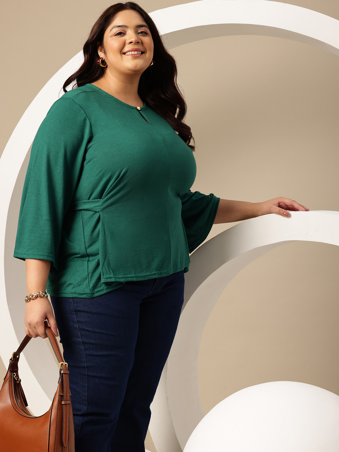 Sztori Plus Size Keyhole Neck Flared Sleeve Back Tie-up Top