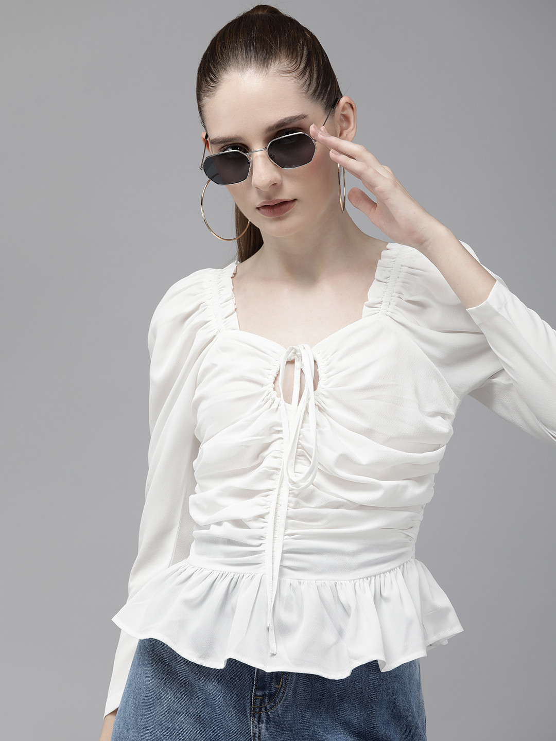 The Roadster Life Co. Keyhole Neck Smoked Detail Ruched Peplum Top