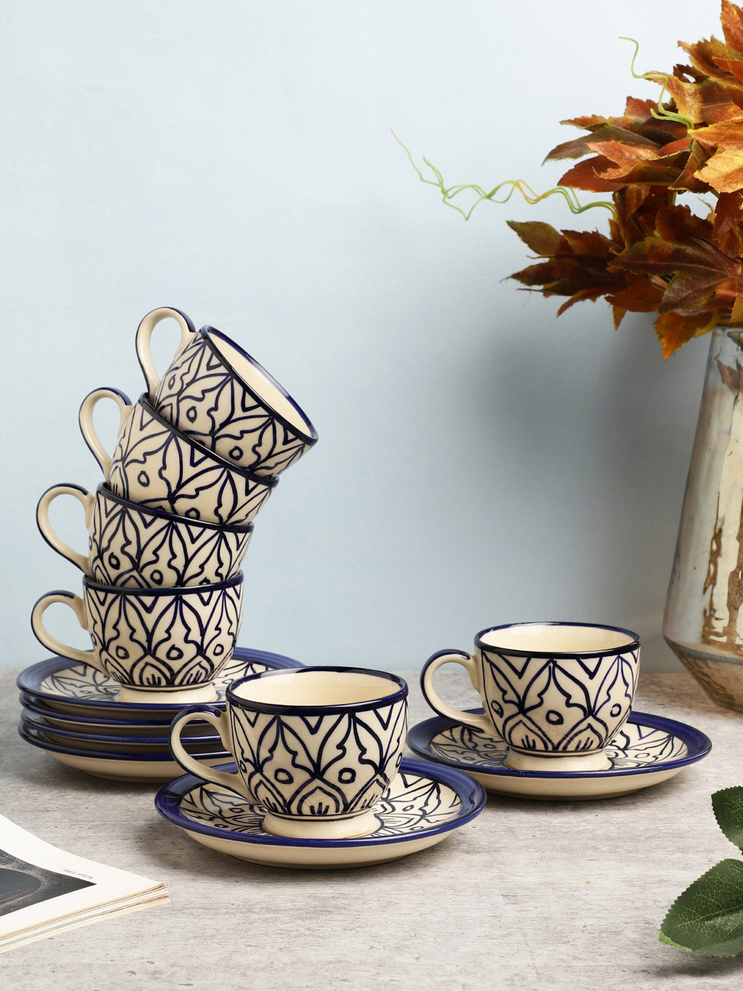 VarEesha Mehraab Off White & Blue Set Of 6 Ceramic Cups and Saucers Set 120 ml Each