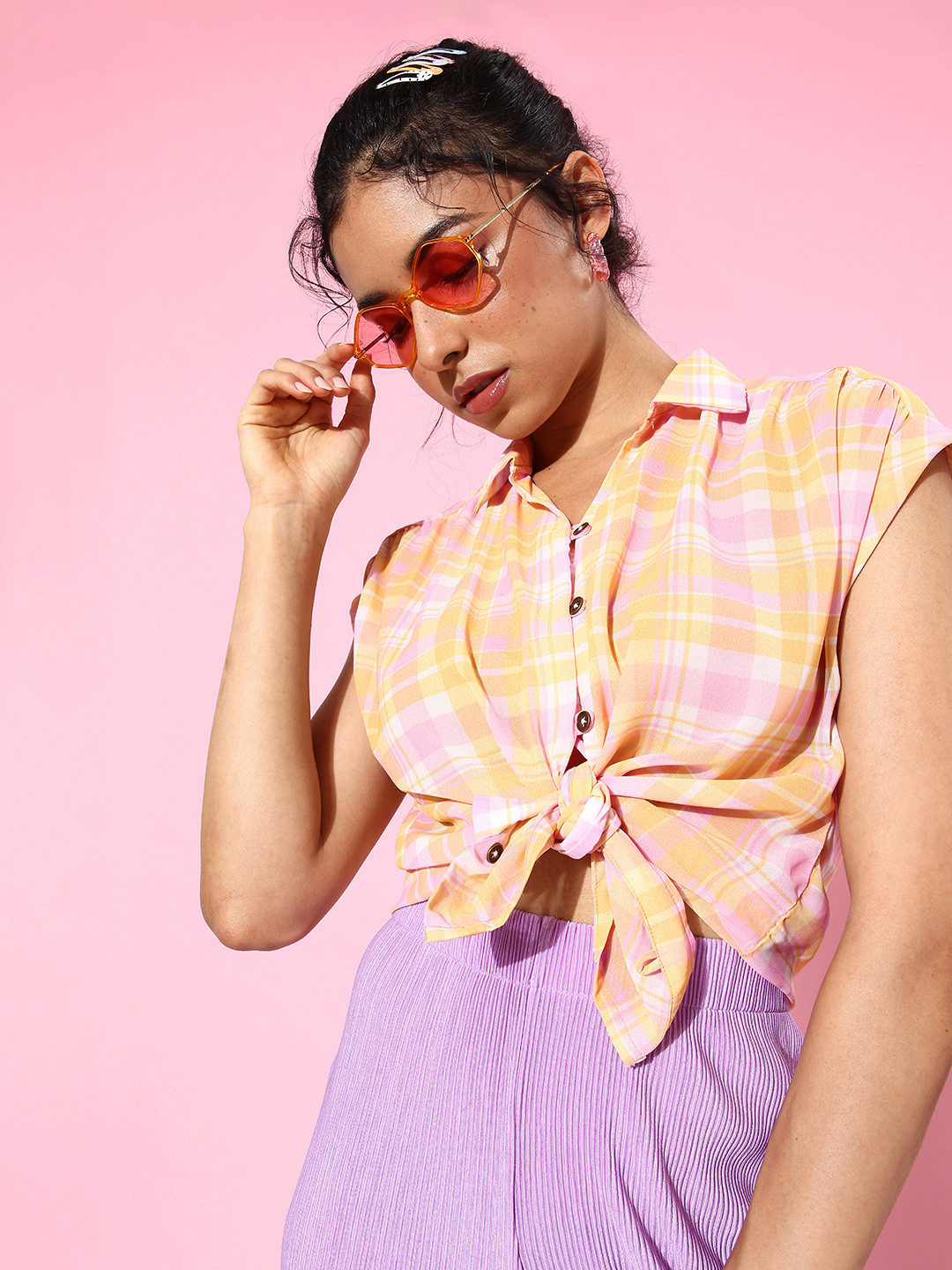 The Roadster Lifestyle Co. Women Orange Yellow Checked We May Party Sheer Casual Shirt