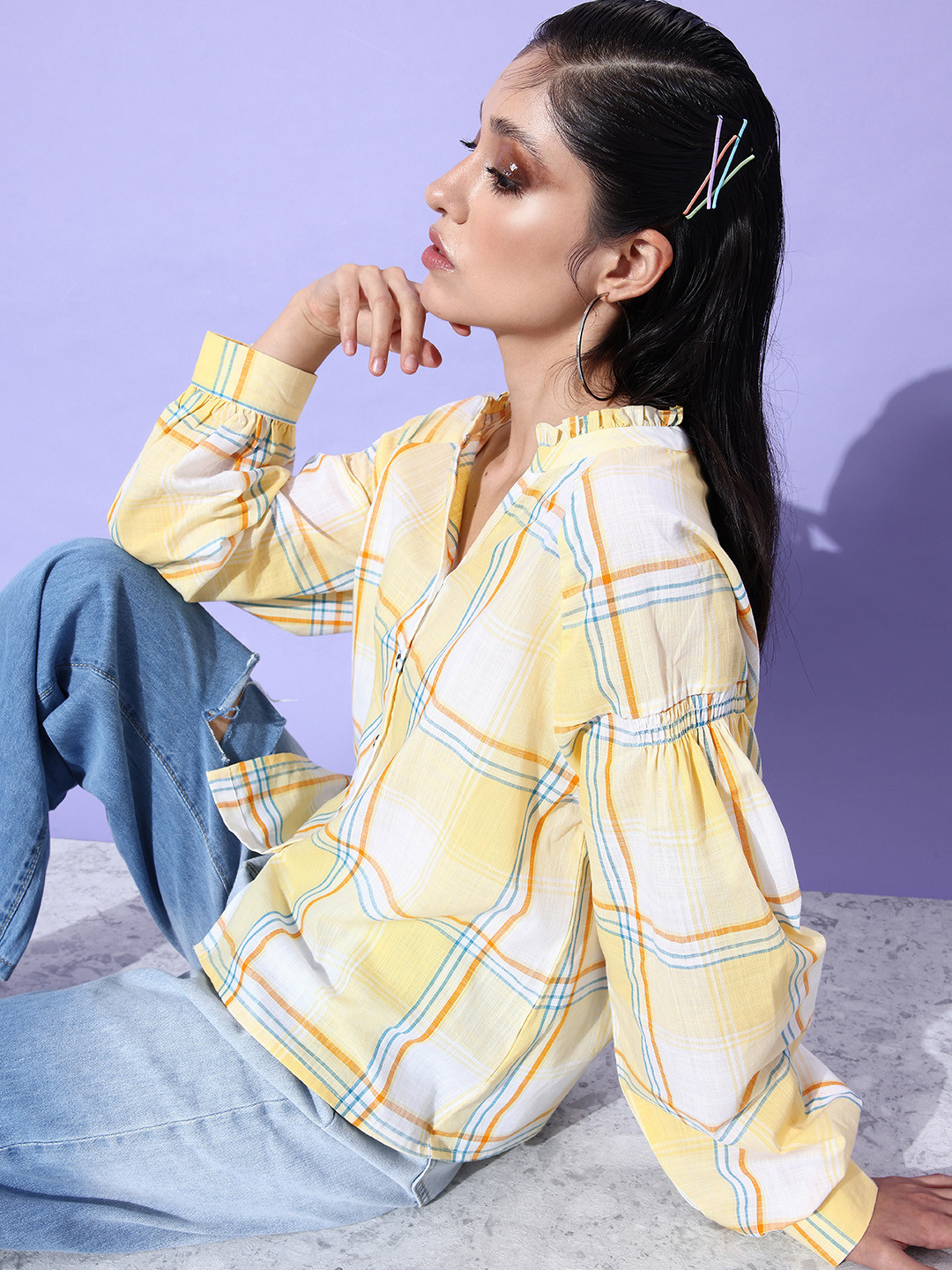 The Roadster Life Co. Mandarin Collar Bishop Sleeves Checked Pure Cotton Casual Shirt