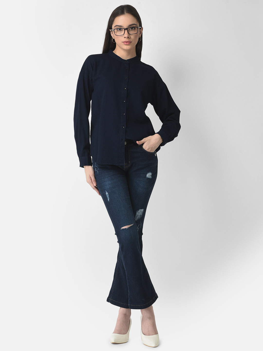Crimsoune Club Women Navy Blue Urban Slim Bootcut Mildly Distressed Stretchable Jeans