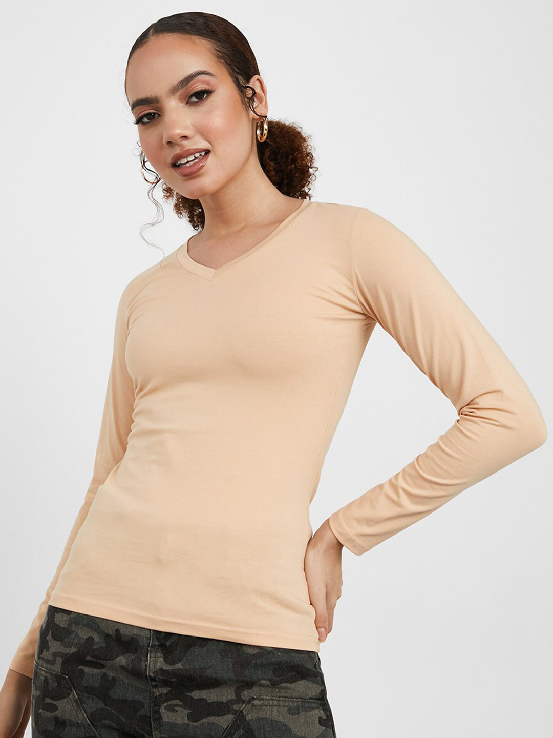 Styli Women Cream V-Neck Slim Fit Cotton T-shirt