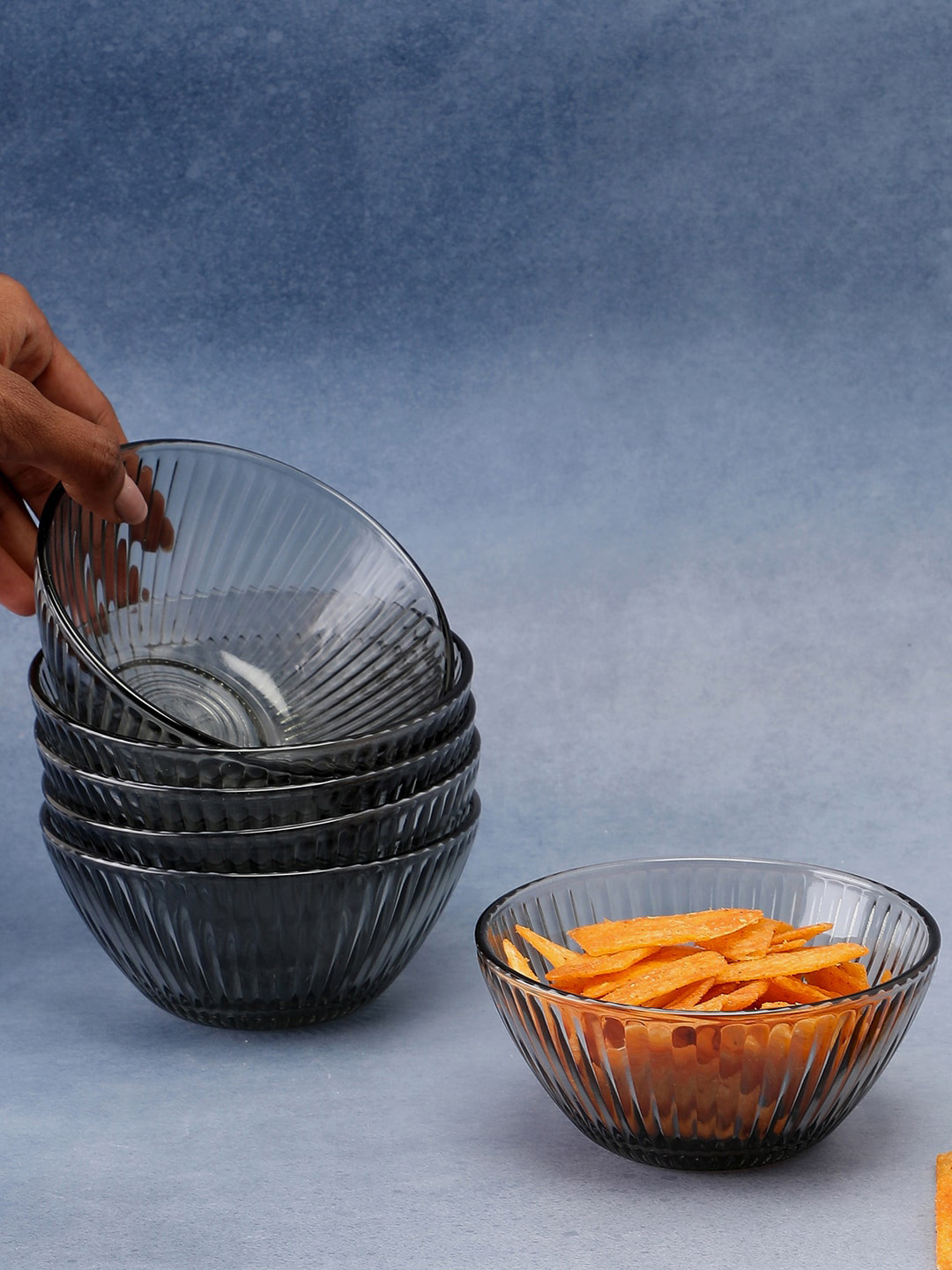 Bonhomie Set Of 6 Black Textured Stained Dishwasher & Microwave Safe Glass Bowl