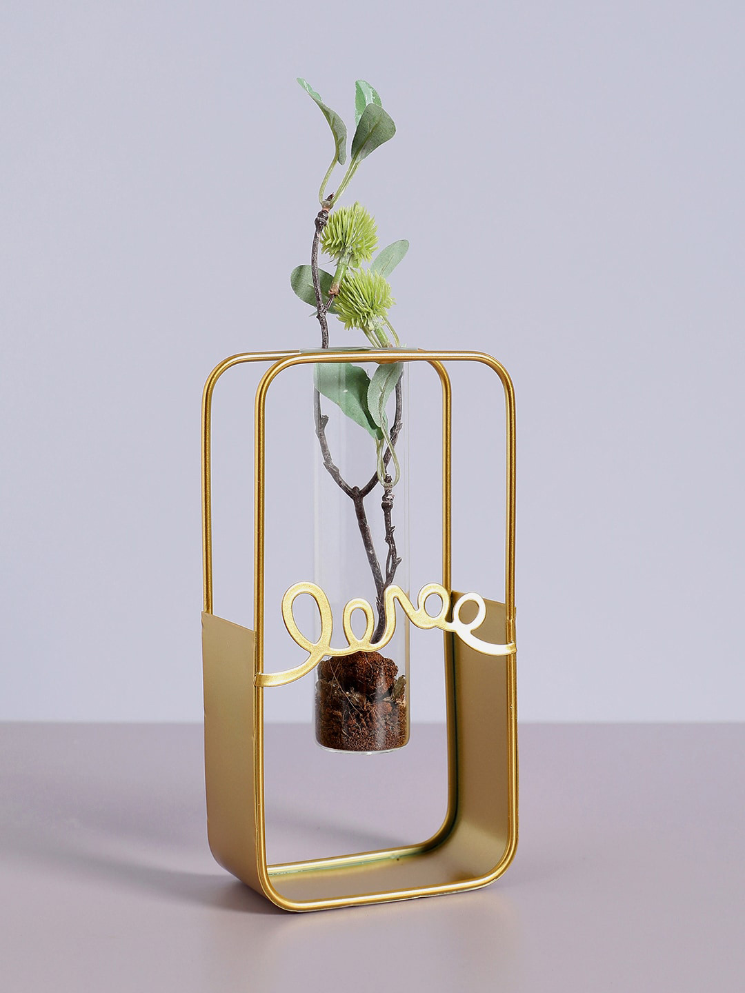 Bonhomie Gold-Toned & Transparent Rectangular Textured Metal Glass Test Tube Vase