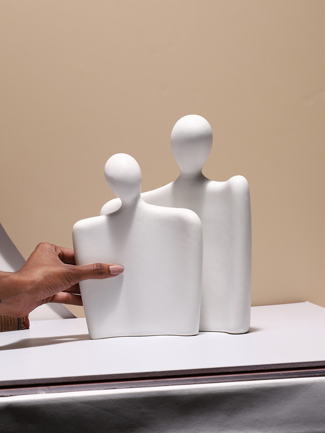 Bonhomie White Ceramic Glossy Living Room Set of 2 Large Showpieces - 7.9 Inches