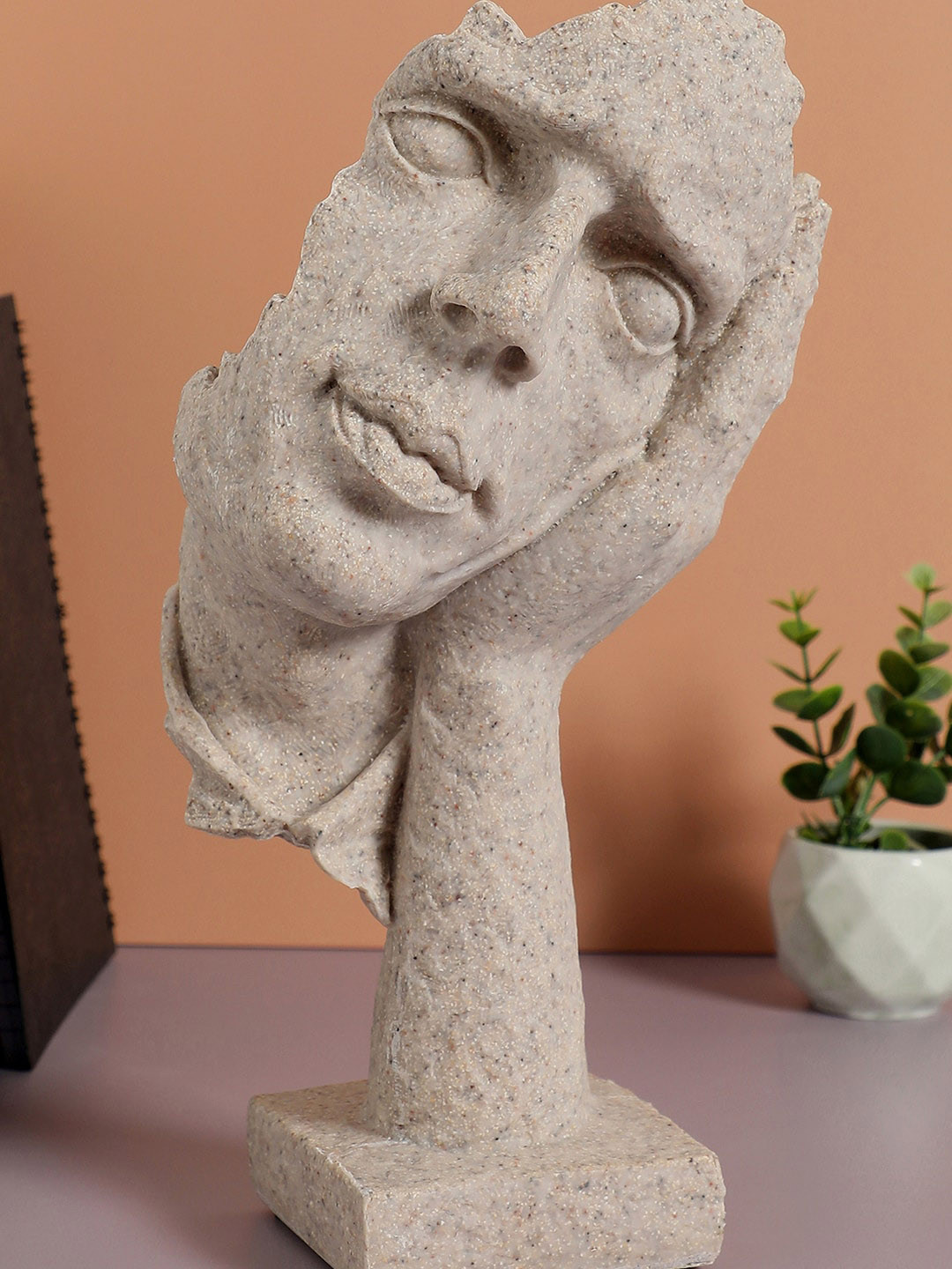 Bonhomie Beige Man Face Leaning On His Palm Beige Ceramic Matte Living Room Extra Large Showpiece - 11.8 Inches