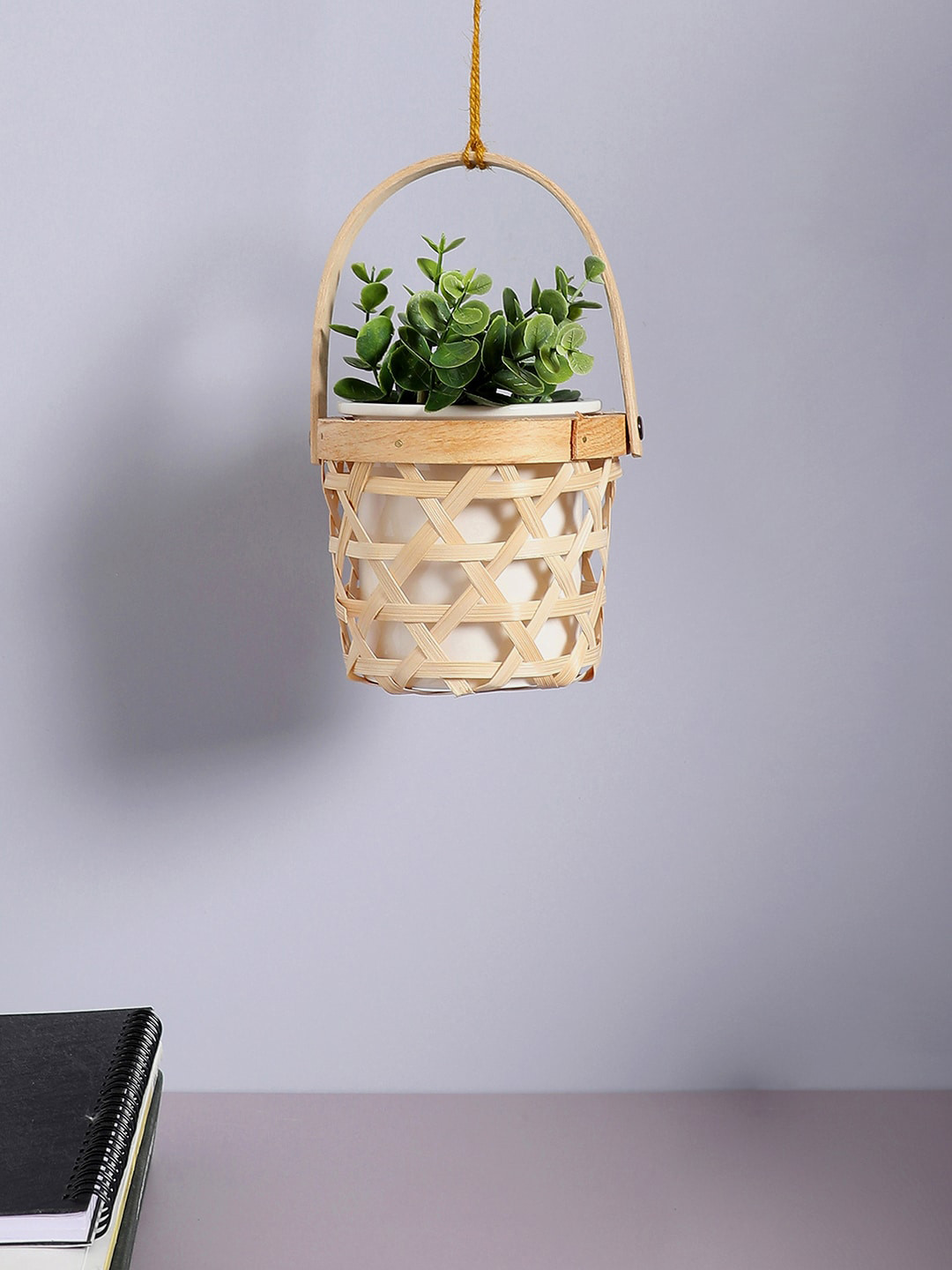 Bonhomie Rattan Beige Textured Wood Hanging Planter