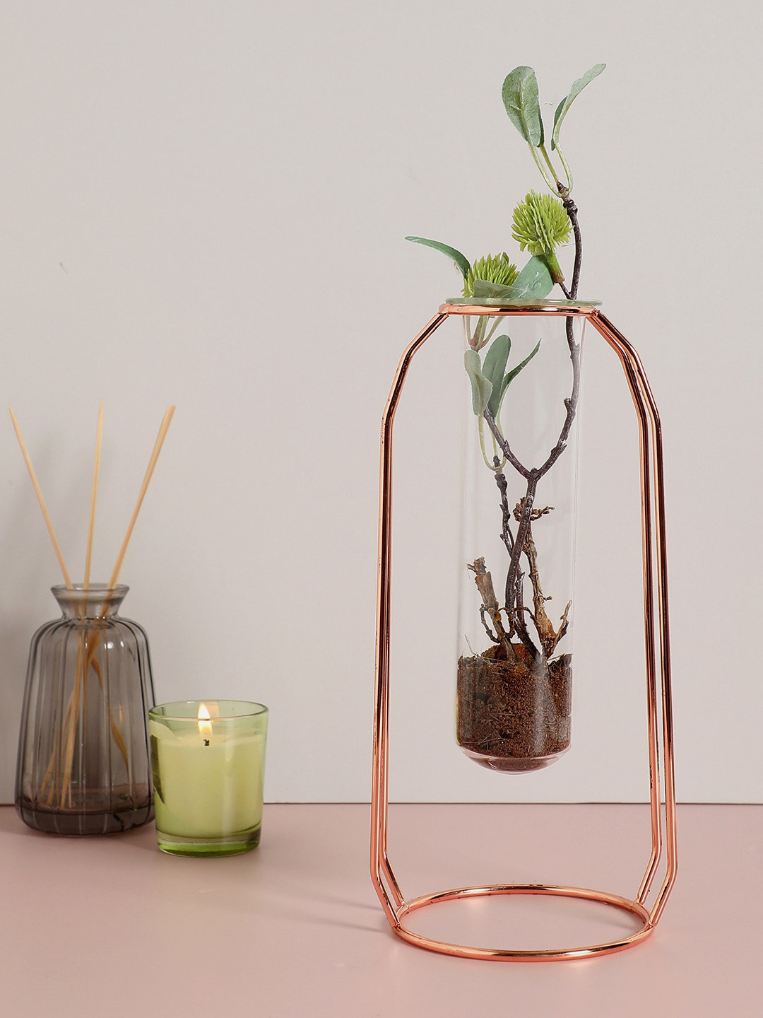 Bonhomie Copper-Colored & Transparent Test Tube Shaped Glass Vase with Stand