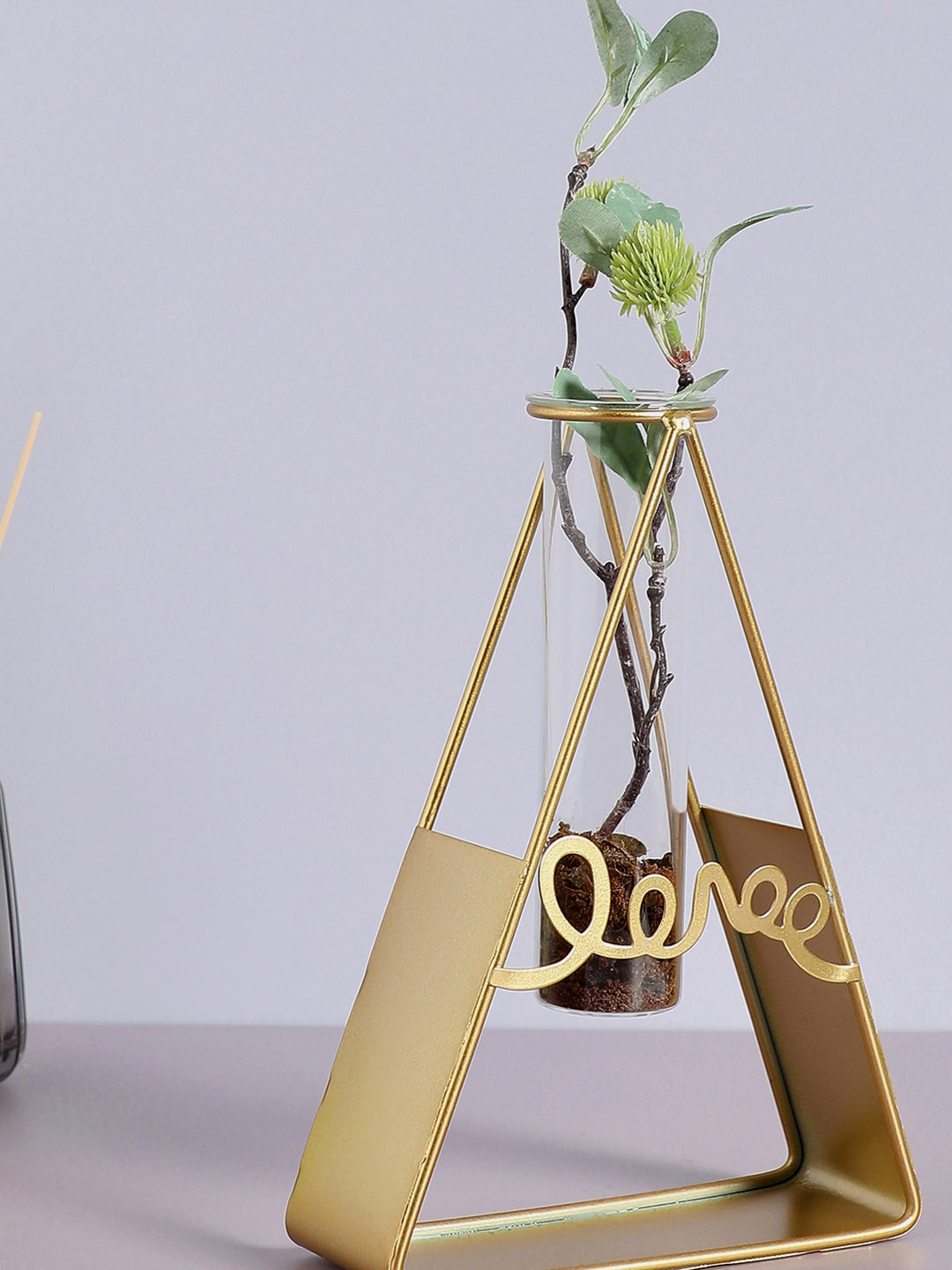 Bonhomie Gold-Toned Triangular Shape Stand With Glass Test Tube Vase