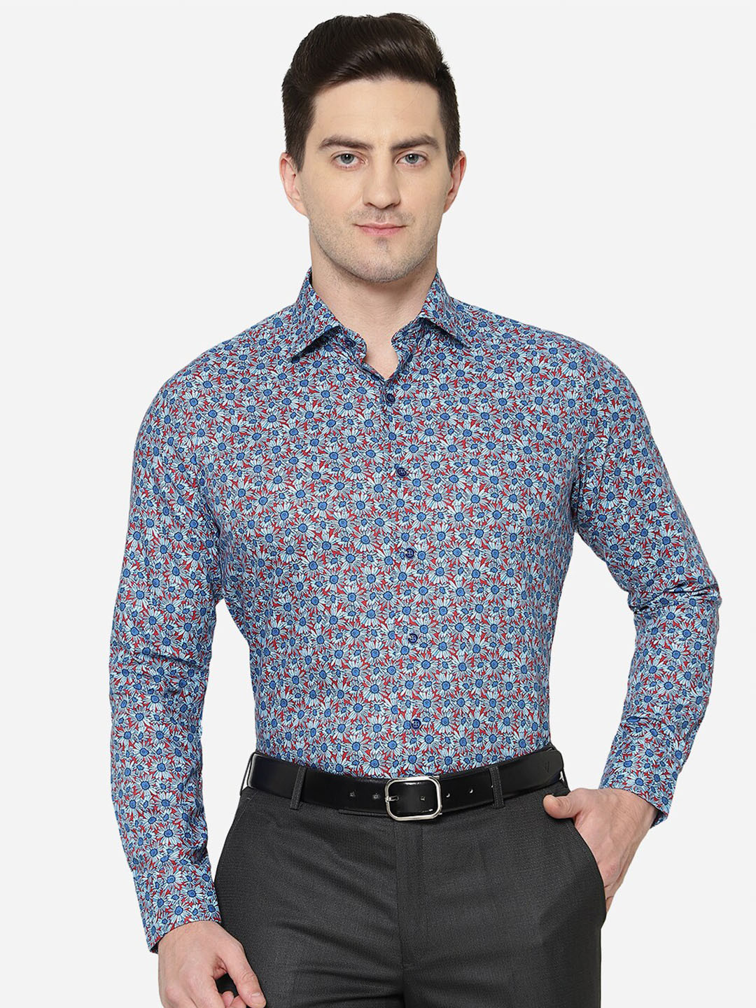 JB STUDIO Men Blue Slim Fit Floral Printed Pure Cotton Formal Shirt