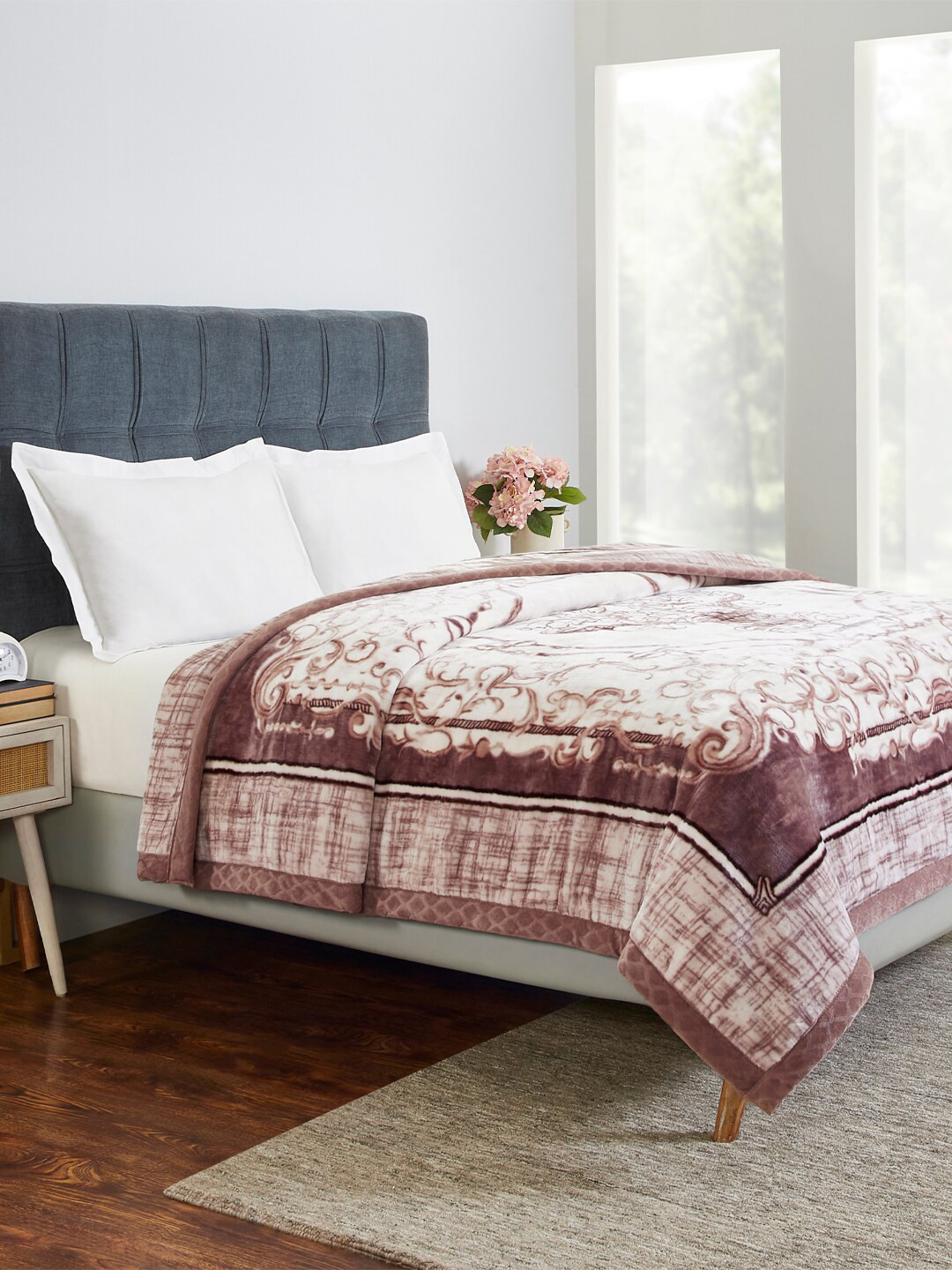 MYTRIDENT Brown  White Floral AC Room 600 GSM Double Bed Blanket