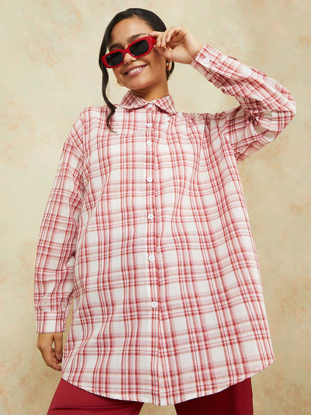 Styli Women Red & White Tartan Checked Casual Shirt