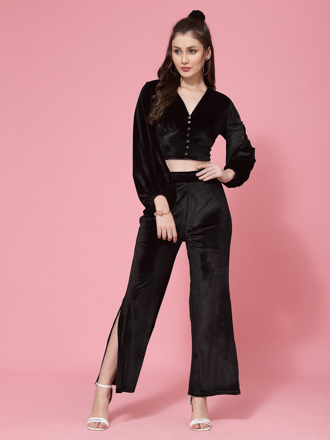 KASSUALLY Women Black Top with Trouser Velvet Co-Ords Set