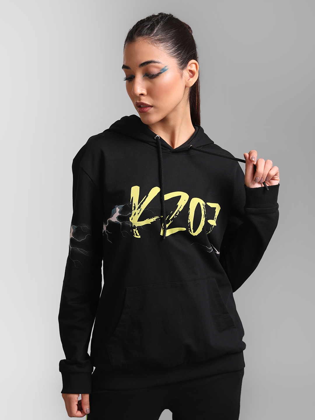 Buy KZ07 By Kazo Women Black Printed Hooded Cotton Sweatshirt