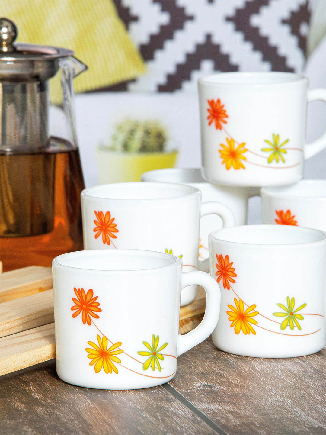 Cello White & Yellow Yellow Yellow Printed Opalware Glossy Cups Set of Cups and Mugs