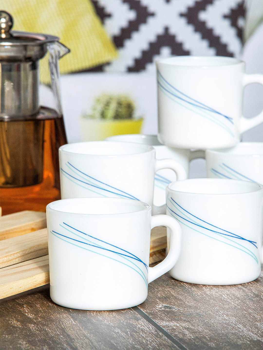 Cello White & Blue Blue Blue Floral Printed Opalware Glossy Cups Set of Cups and Mugs