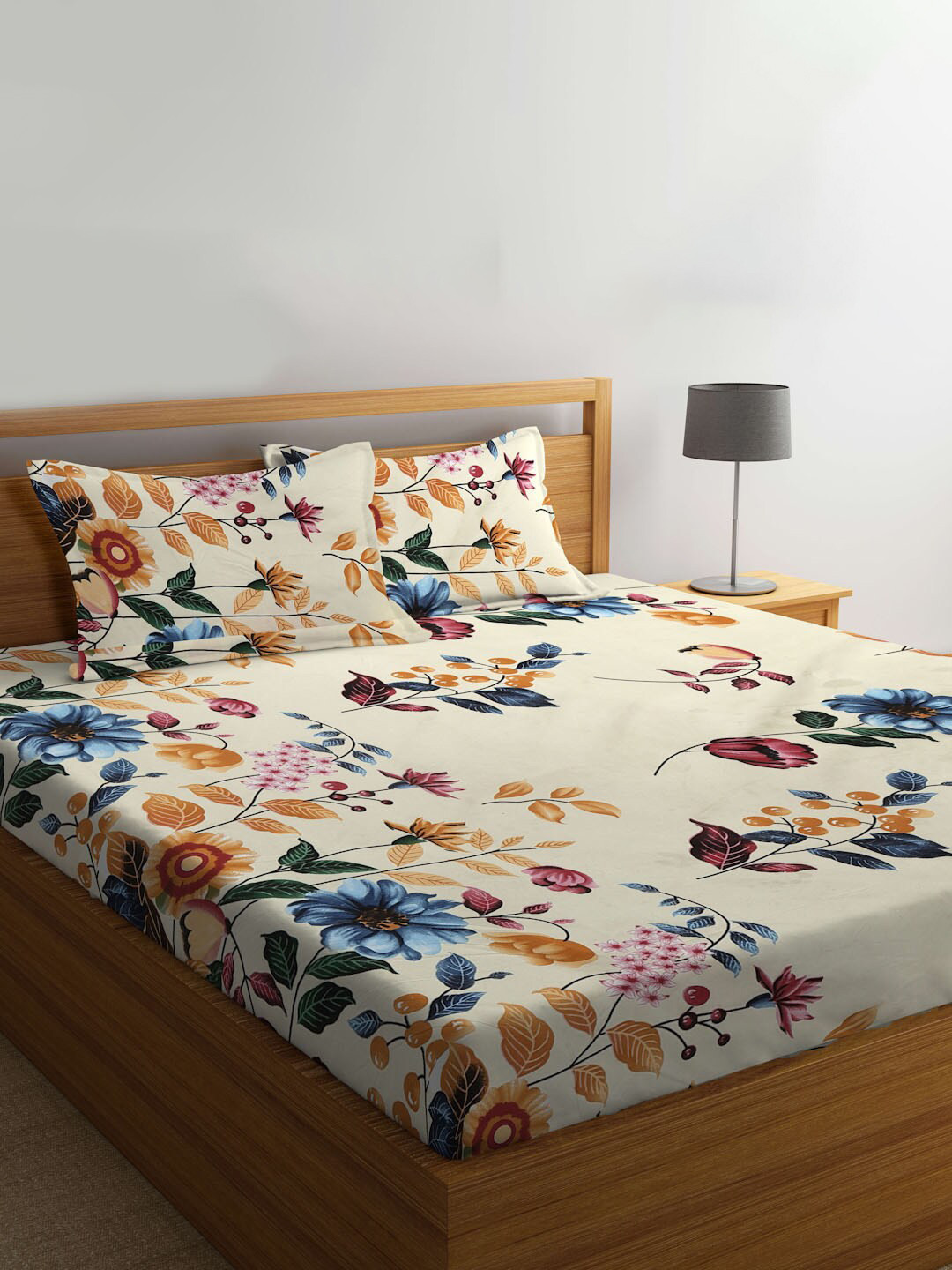 KLOTTHE Off White Floral Cotton 300 TC Fitted King Fine Bedsheet with 2 Pillow Covers-250 x 220 cm