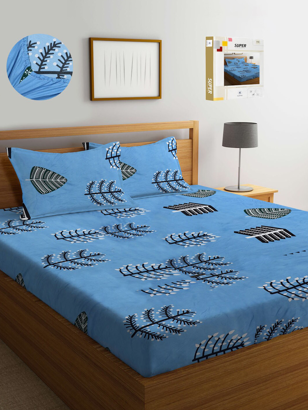 KLOTTHE Book Fold Blue Leaf Polycotton 300 TC Fitted King Fine Bedsheet with 2 Pillow Covers-98 x 87 inches