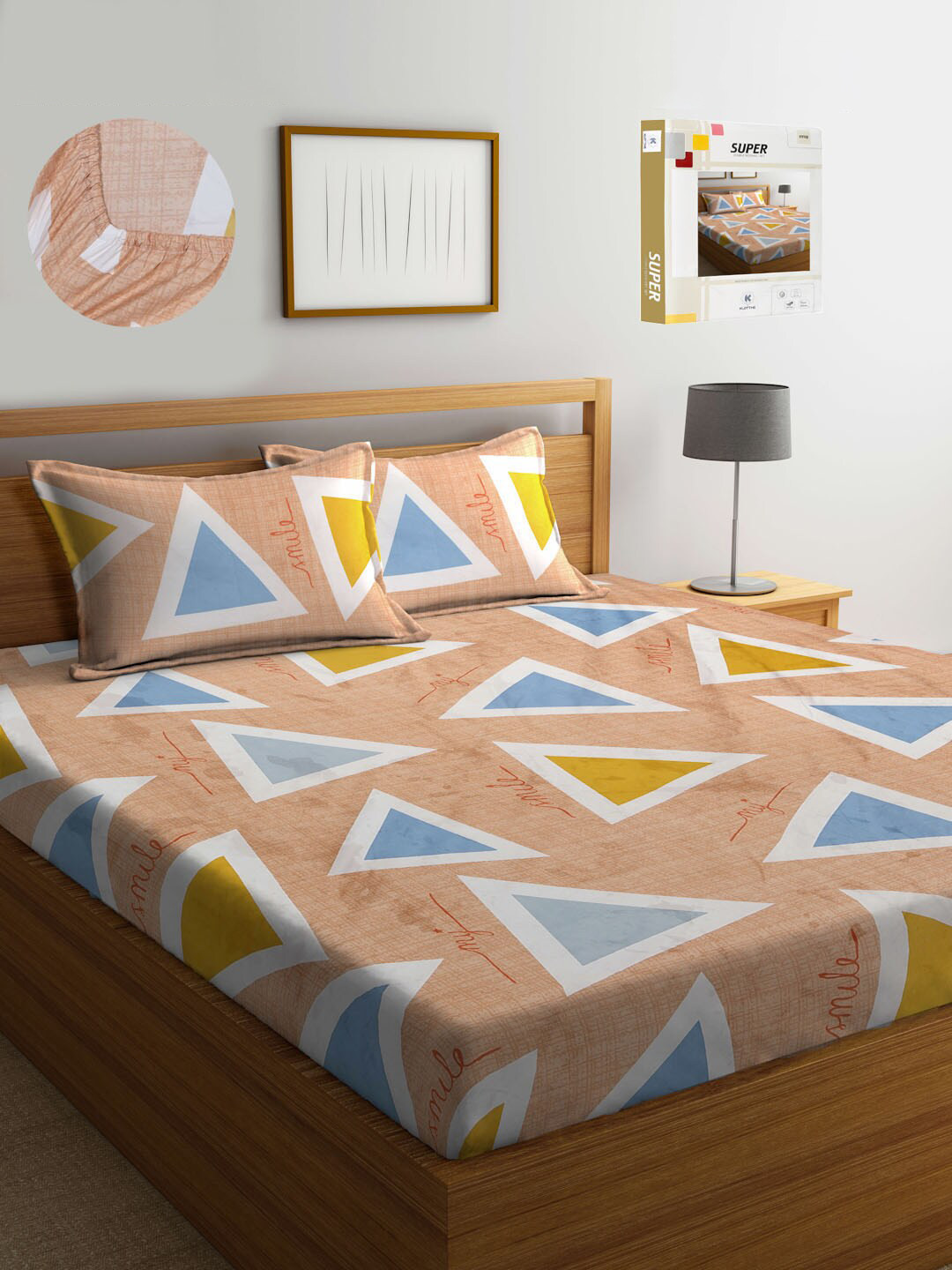 KLOTTHE Brown Geometric 300 TC King Size Fitted Bedsheet with 2 Pillow Covers