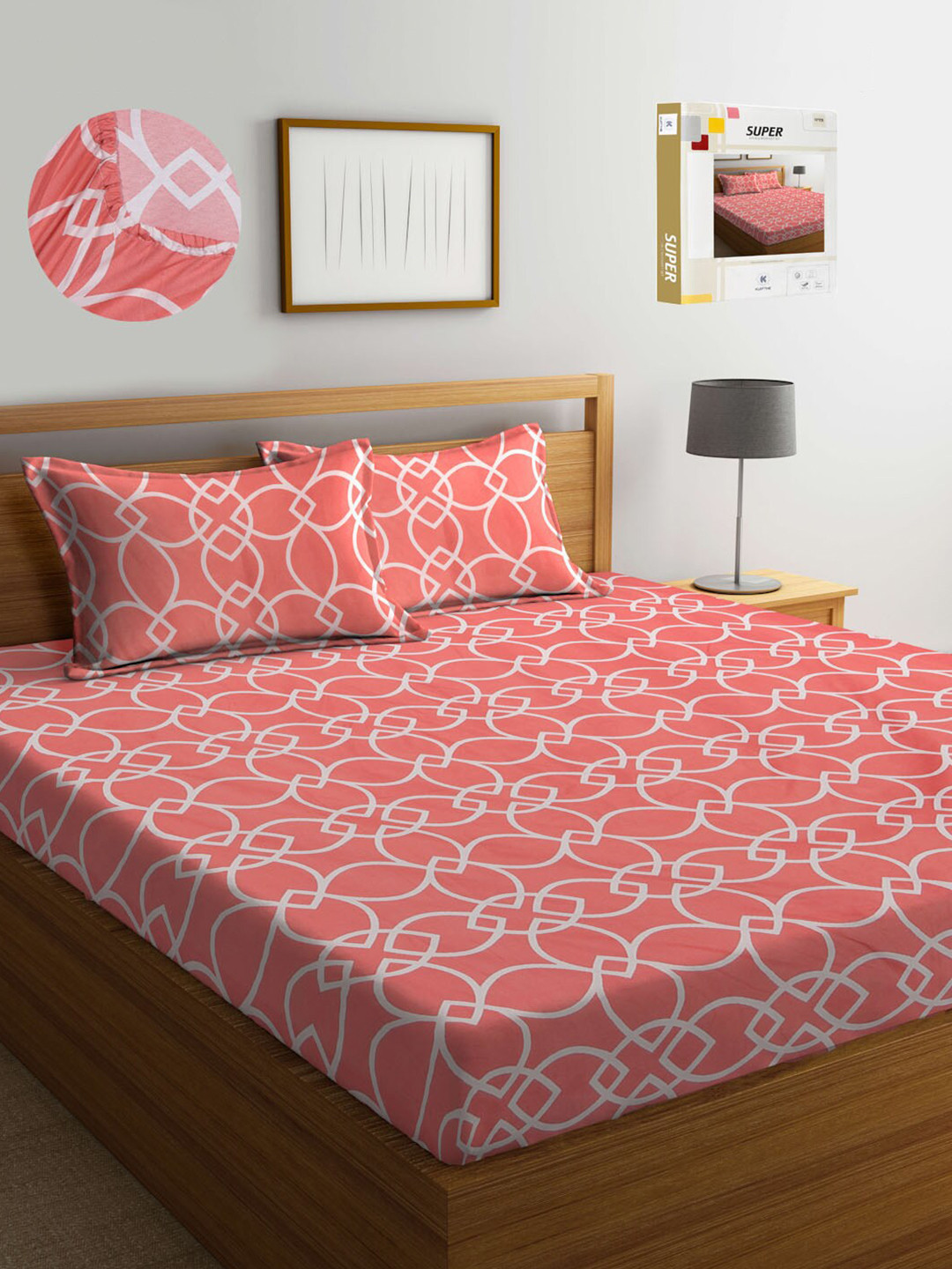 KLOTTHE Fitted_Sbs_Kidze Coral Geometric Cotton 300 TC Fitted King Fine Bedsheet with 2 Pillow Covers-250 x 220 cm