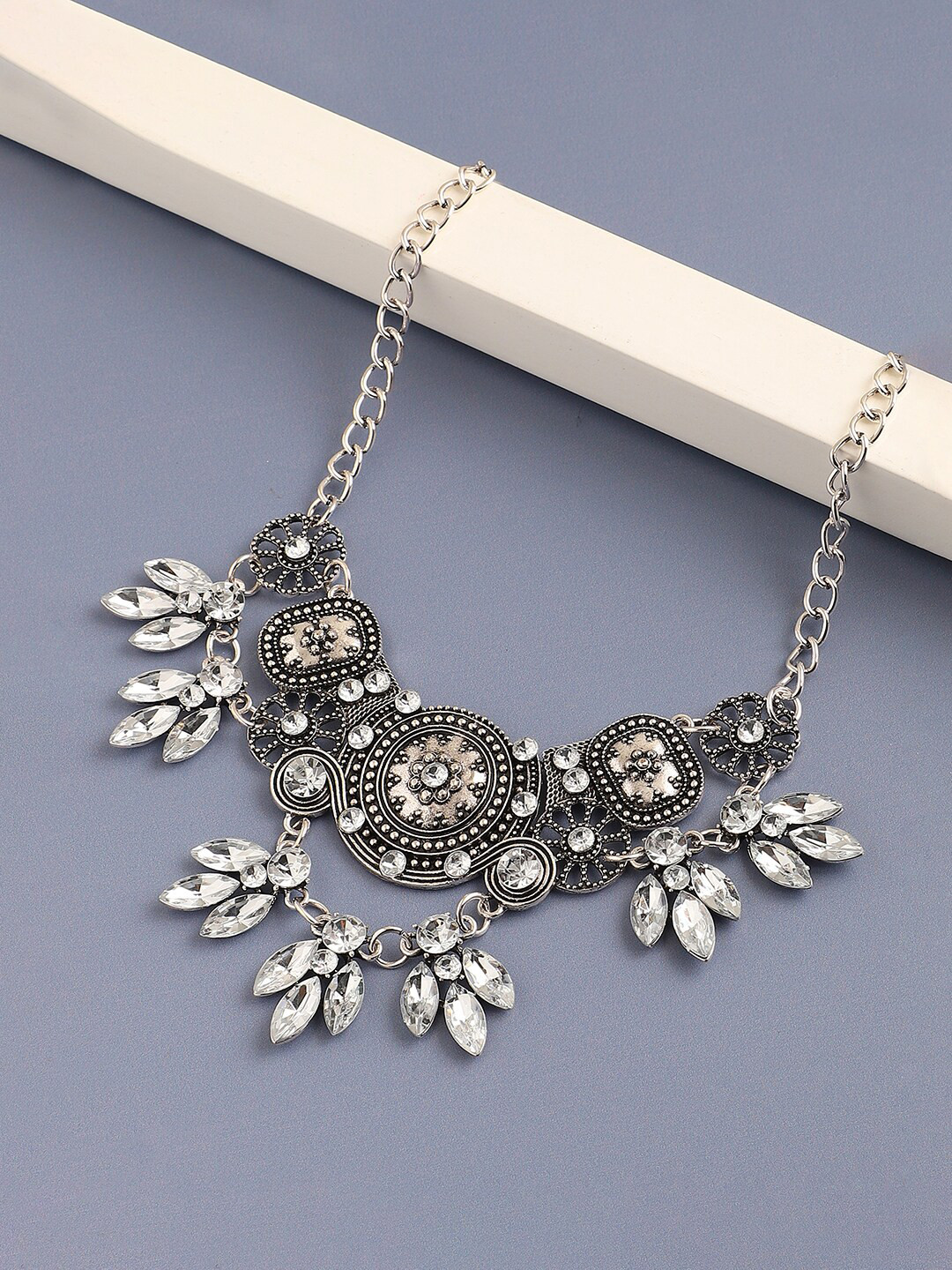 SOHI Silver-Plated & Black Designer Stone Statement Necklace